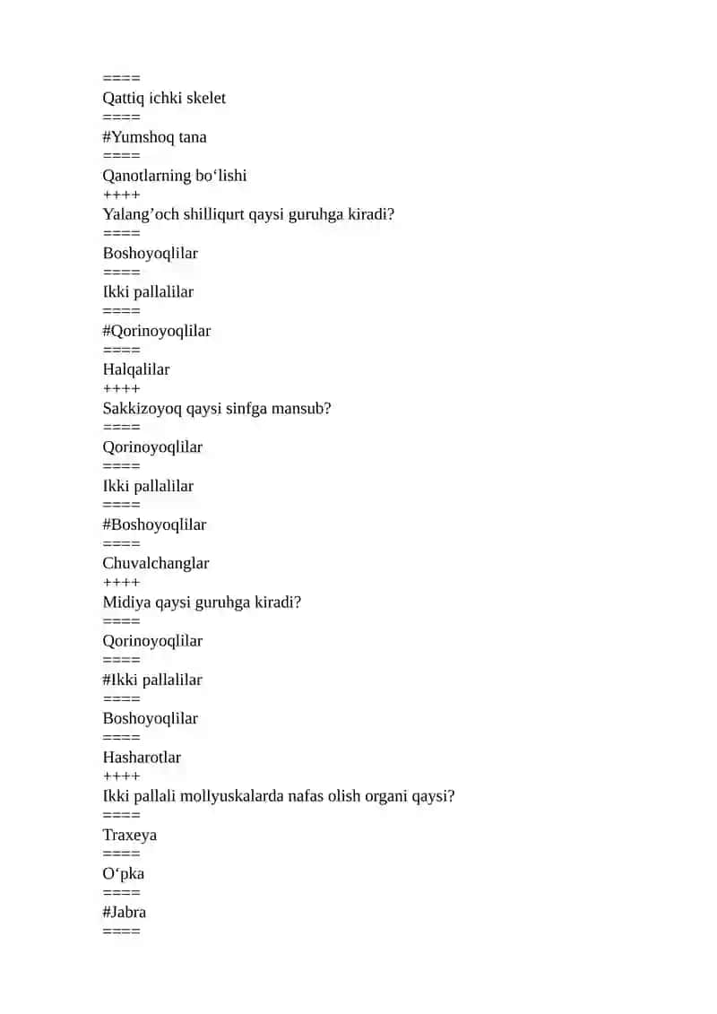 Zoologiya fanidan test savollari 4
