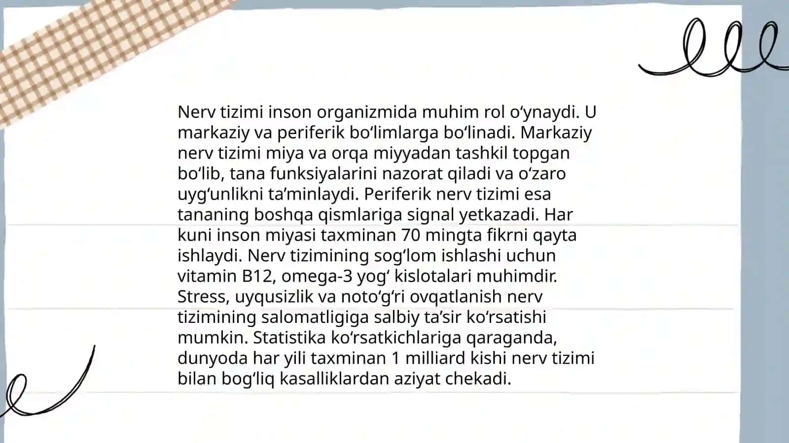 Nerv tizimining ahamiyati va gigiyenasi. Bolalarda nevroz kasalliklari va ularni oldini olish 4
