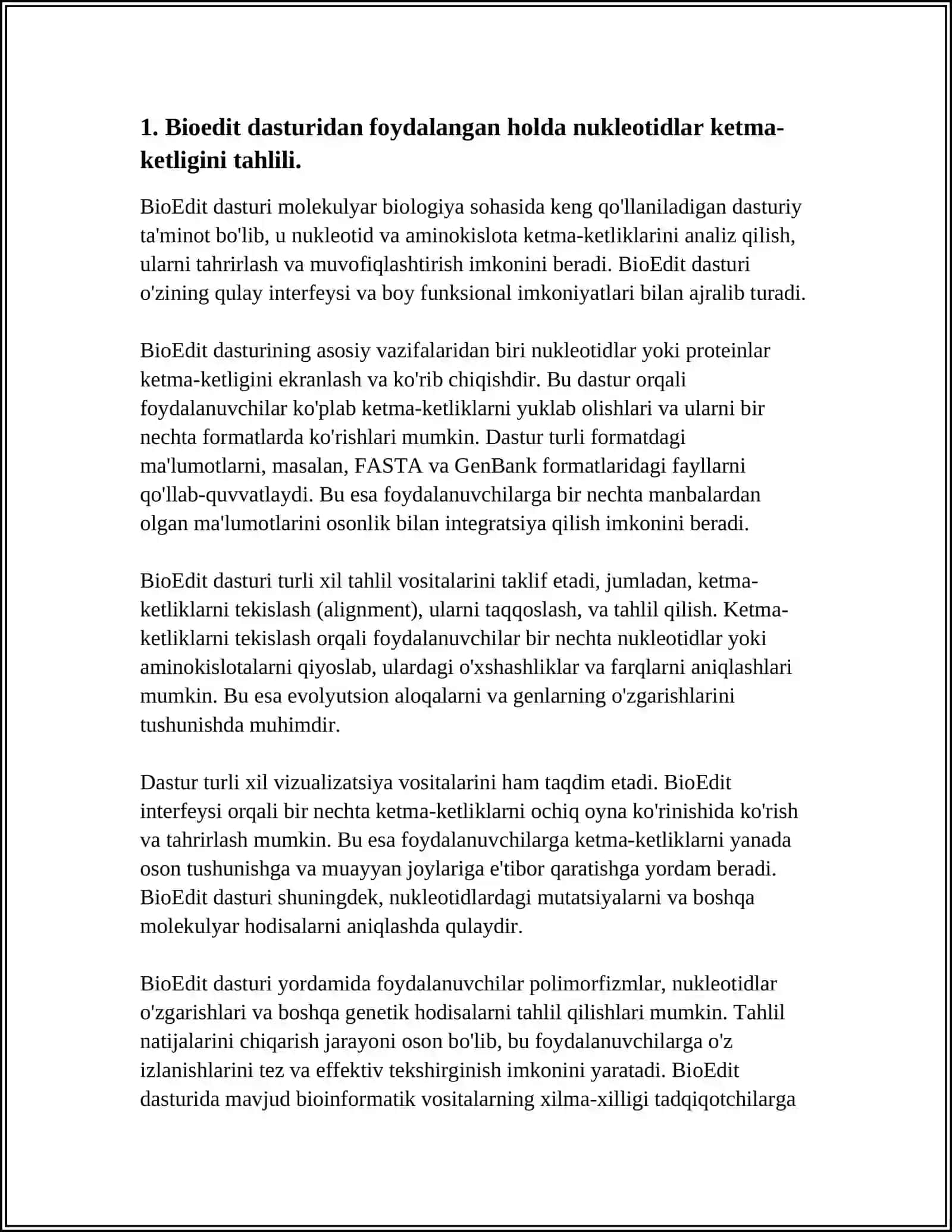 BIOEDIT VA SEAVIEW DASTURLARI VOSITASIDA NUKLEOTIDLAR KETMA KETLIGINI TAKRORLASH 4