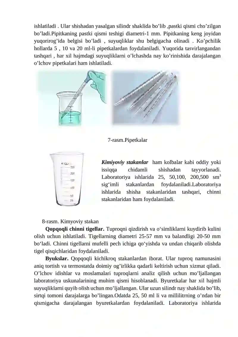 Tuproqlarni laboratoriyada o‘rganish uchun mo‘ljallangan asosiy uskunalar va idishlar bilan tanishish 4