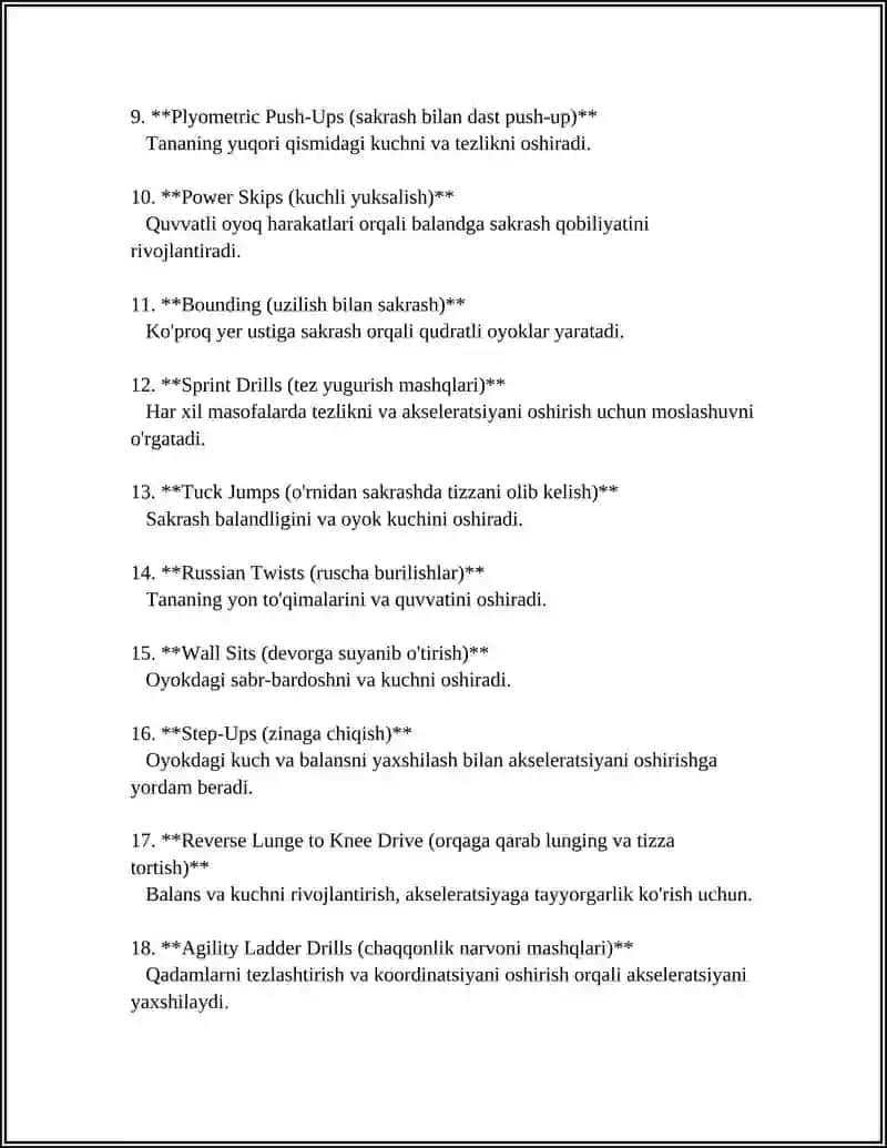 TEZLIK KUCH VA SAKRASH SIFATLARINI OSHIRISH UCHUN HAR BIRIGA 20MASHQ VA ULARGA SHARH 4