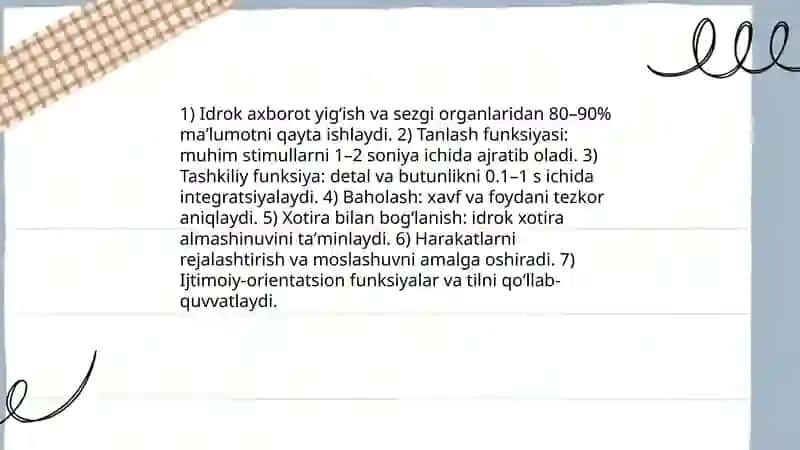 Idrok haqida tushuncha va uning xususiyatlari.Xotira haqida tushuncha va uning nerv fiziologik asosi 4