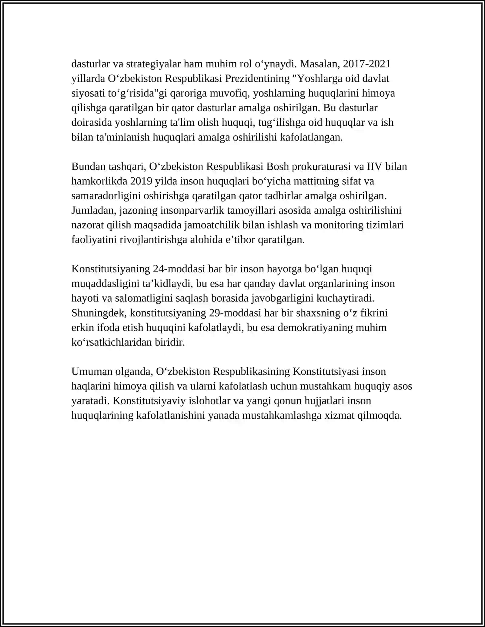 YANGI O'ZBEKISTONDA INSON HAQ-HUQUQLARIVA ERKINLIKLARI KAFOLATINING YARATILISHI 4