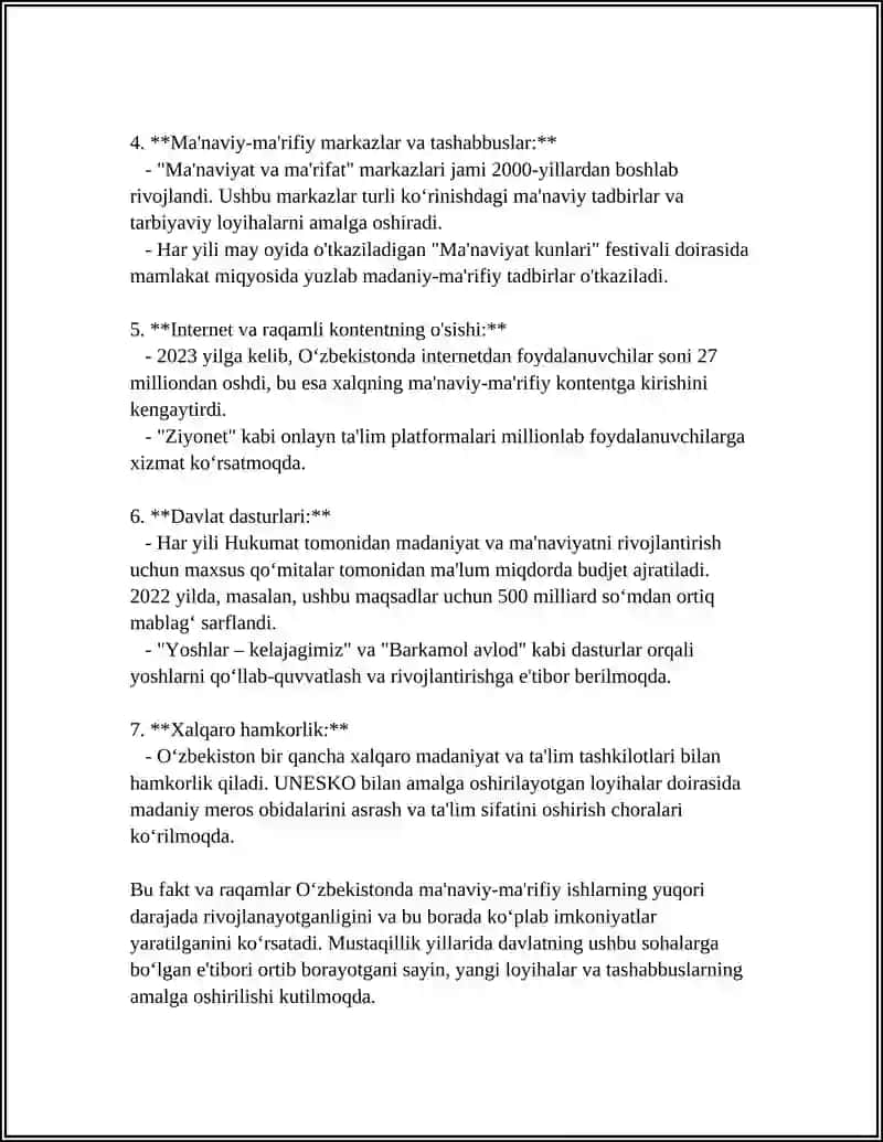 O‘Z-N RES PREZIDENTI YIG‘ILISHIDAGI MA‘NAVIY-MA‘RIFIY ISHLAR MAVZUSIDA MUSTAQIL ISH 4