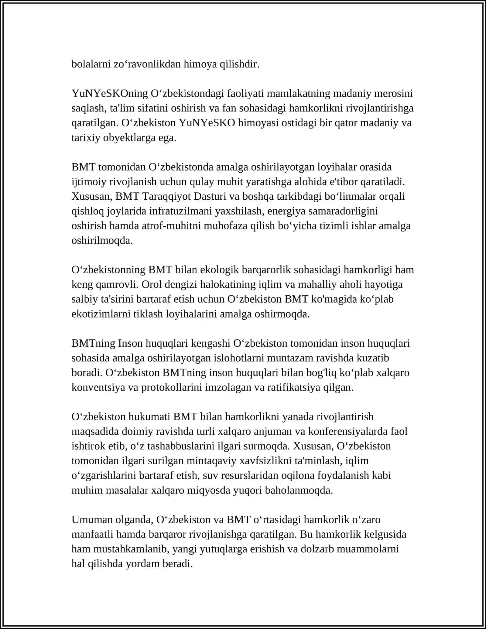 O‘zbekistonning Xalqaro Tashkilotlar Bilan Hamkorlik Aloqalari 4