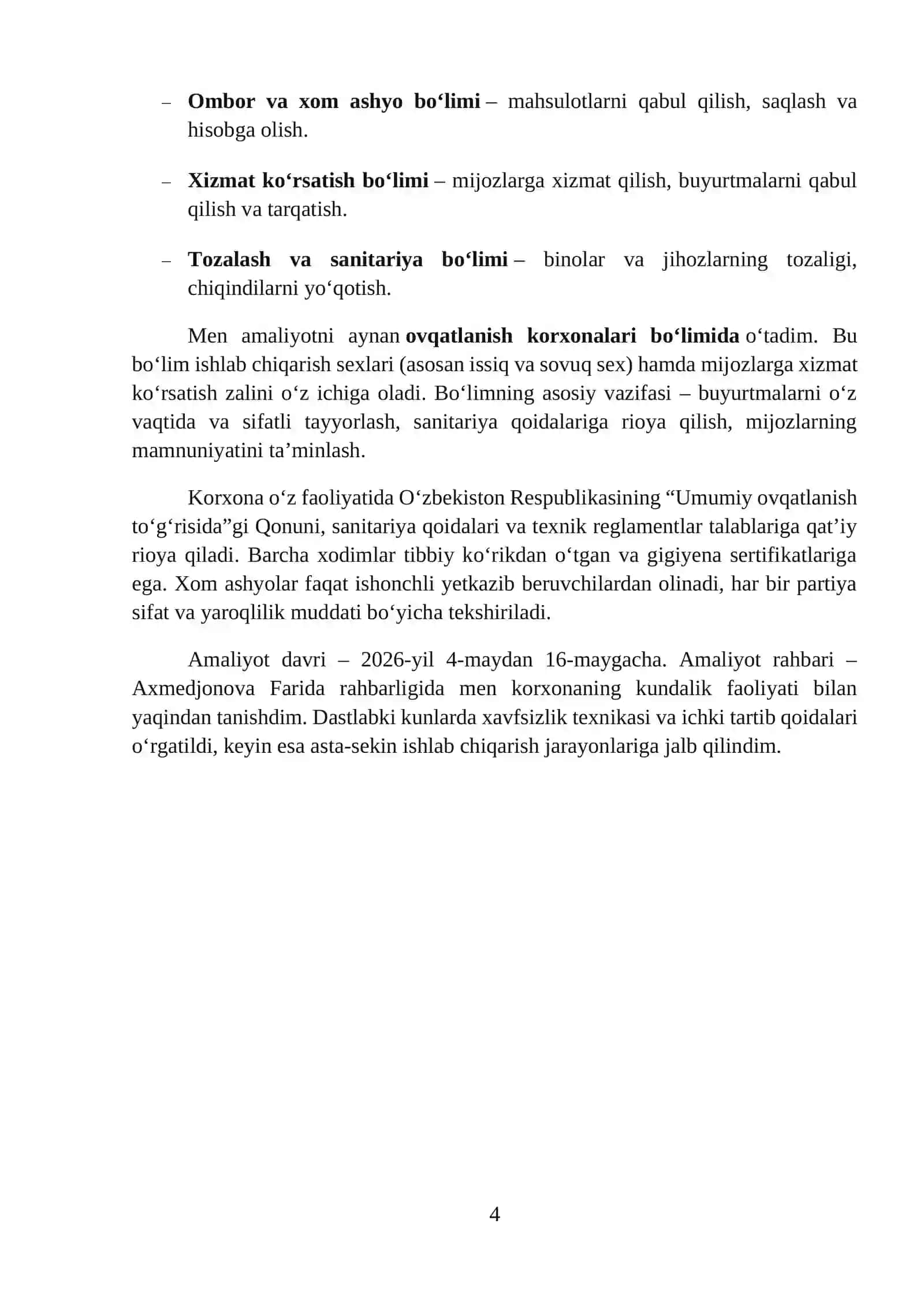 OQTEPA LAVASH FOOD SERVICE MCHJda o‘tilgan amaliyot hisoboti. 4