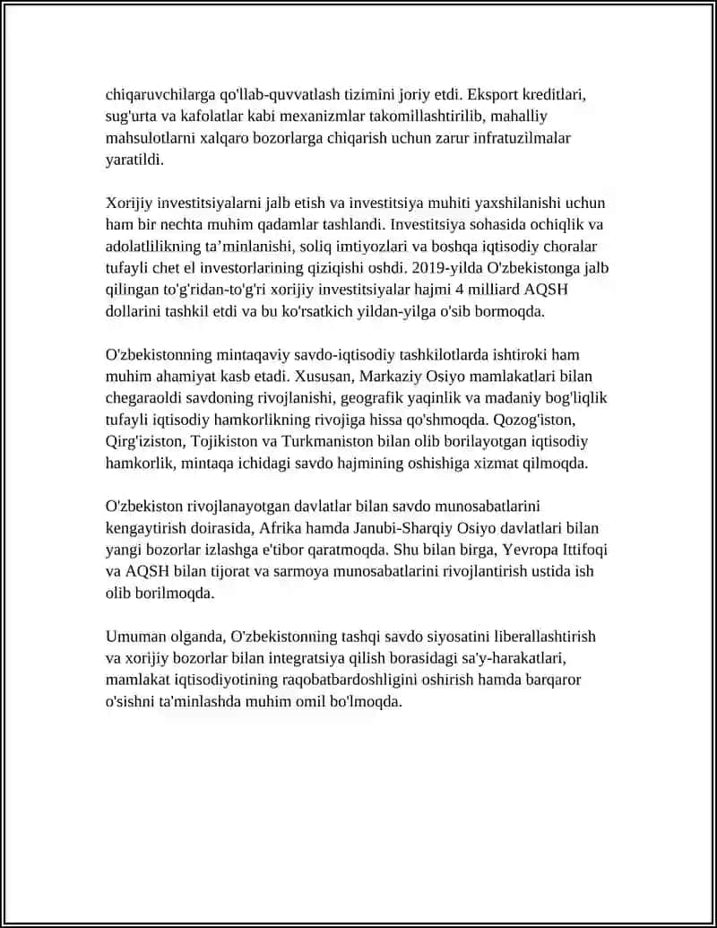 O'ZBEKISTON CHET DAVLATLAR BILAN BO'LAYOTGAN ISLOHOTLAR 4