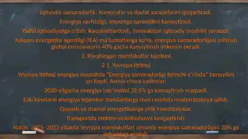 Energiyani tejash va energiya samaradorligini oshirish jahonning turli mamlakatlarining asosiy energiya strategiyasi sifatida 4