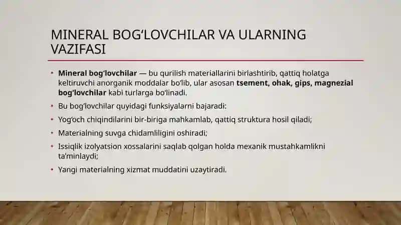 Yog’och chiqindilari va mineral bog’lovchilar asosida olinadigan materiallar 4