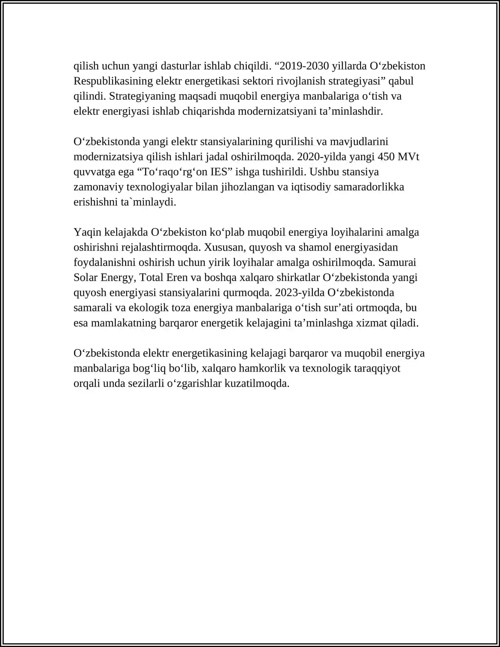 O‘ZBEKISTON RESPUBLIKASINING ELEKTRLASHTIRISH TARIXI VA ISTIQBOLLARI 4