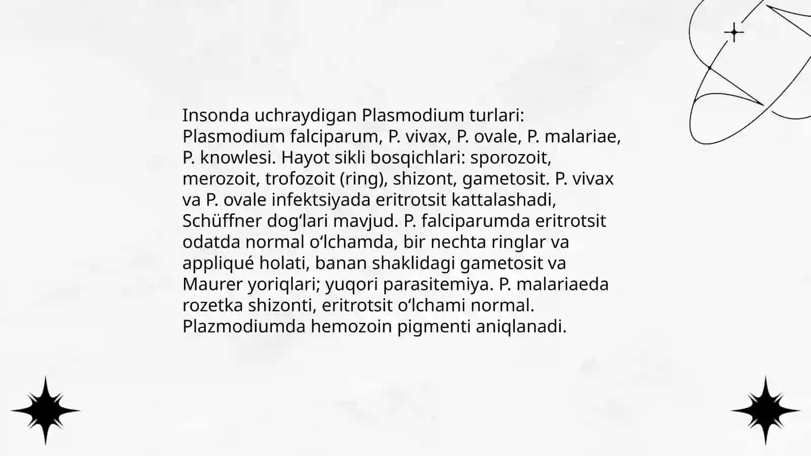 Sporalilar – bezgak plazmodiysi. Toksoplazma. Odam ichak parazitlari: dizenteriya amyobasi, balantidiy 4