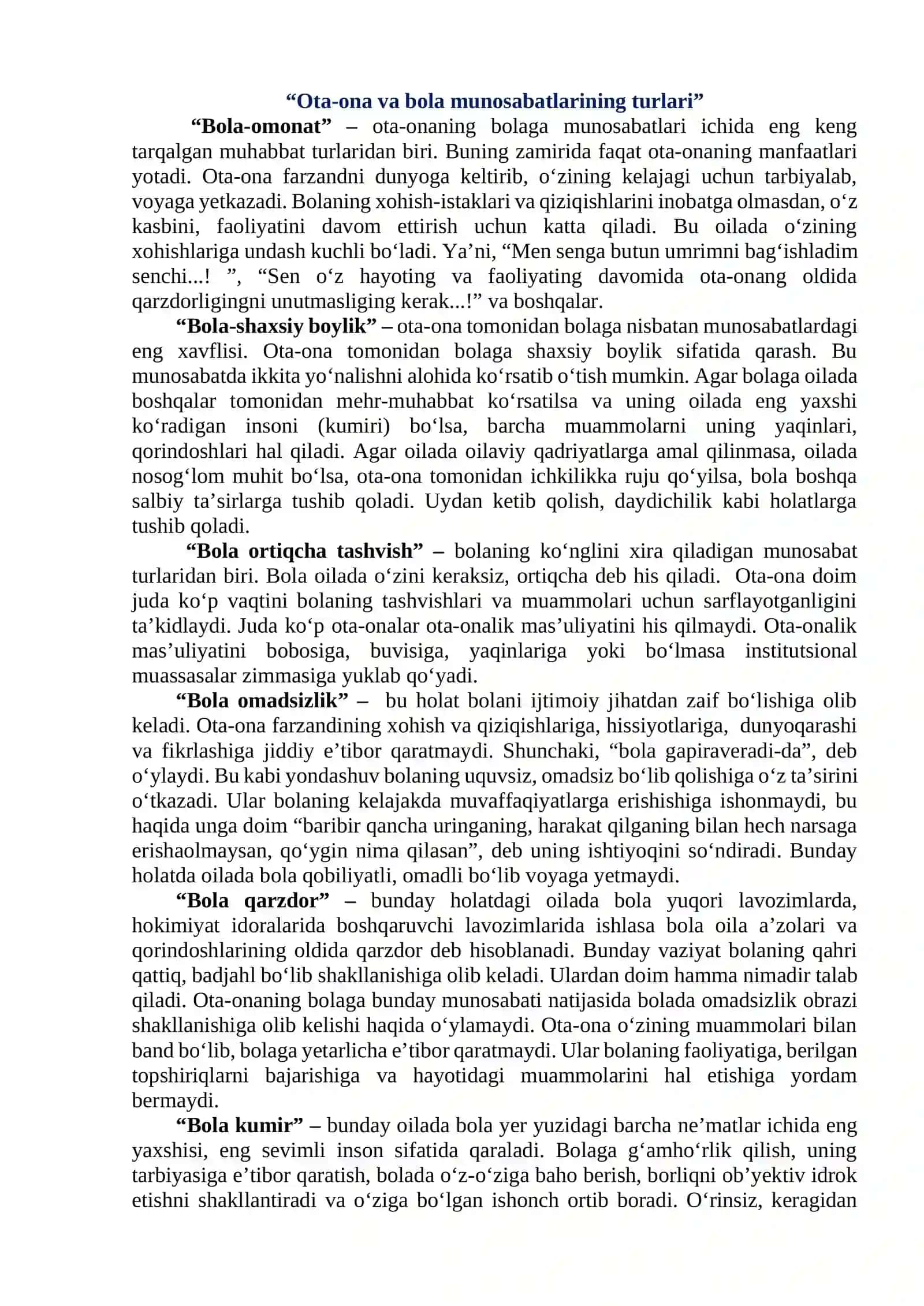 “Ota-ona va bola munosabatlari” mavzusida ota-onalar uchun o‘tkaziladigan seminar-trening ishlanmasi 4