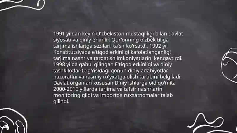 Mustaqillik yillarida Qur’onning o’zbek tiliga tarjima qilinishi va tafsizlari haqida taqdimot tayyorlash 4