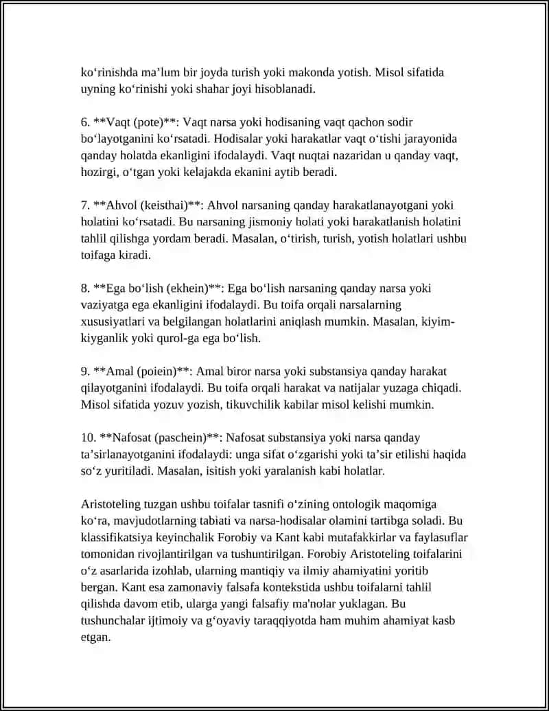 Aristotel, Forobiy va Kant Ontologiyasida Kategoriyalaming Tasnifi 4