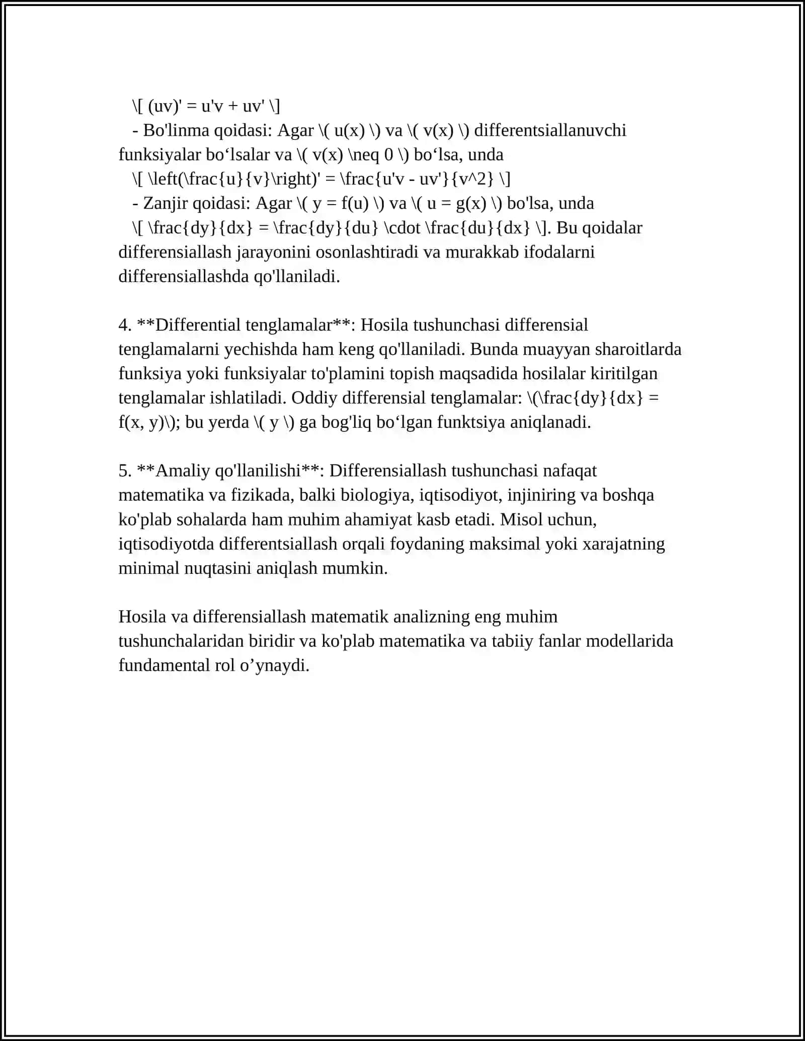 DIFFERENSIALLANUVCHANLIK VA UZLUKSIZLIK. KOʻPAYTIRISH VA BOʻLISH QOIDALARI MURAKKAB FUNKSIYANING HOSILASI 4