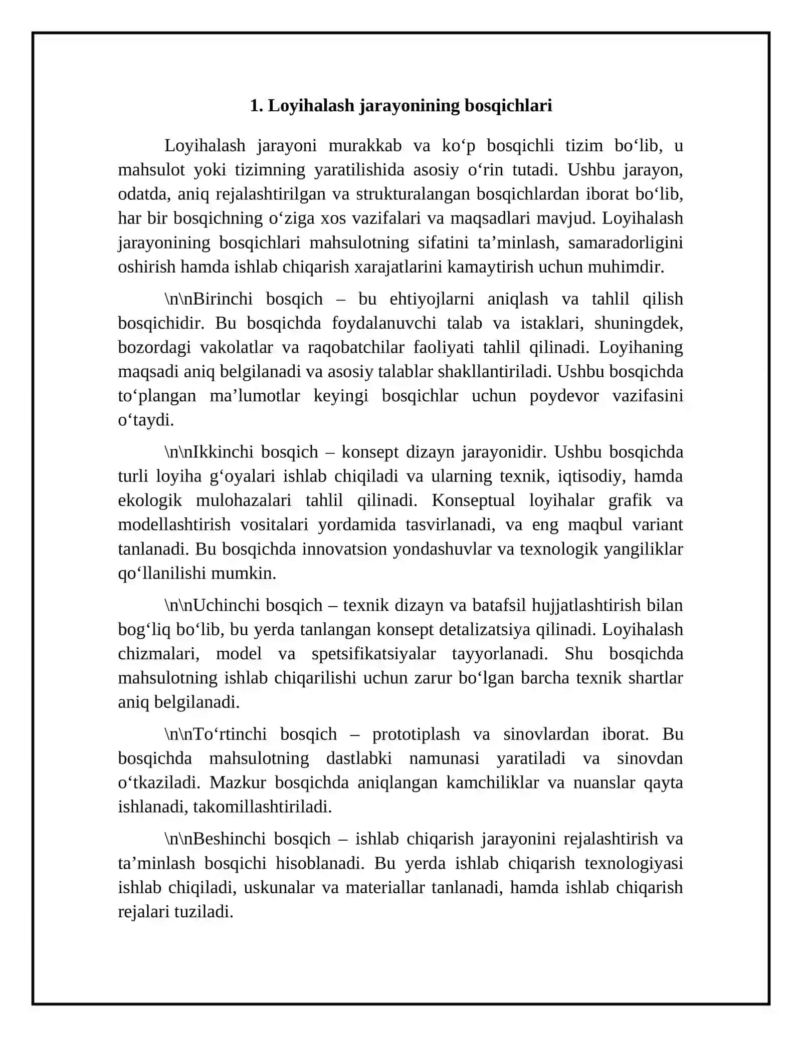 Loyihalash jarayonining bosqichlari va bujarayonda CAD/CAE/CAM texnologiyalarining roli 4