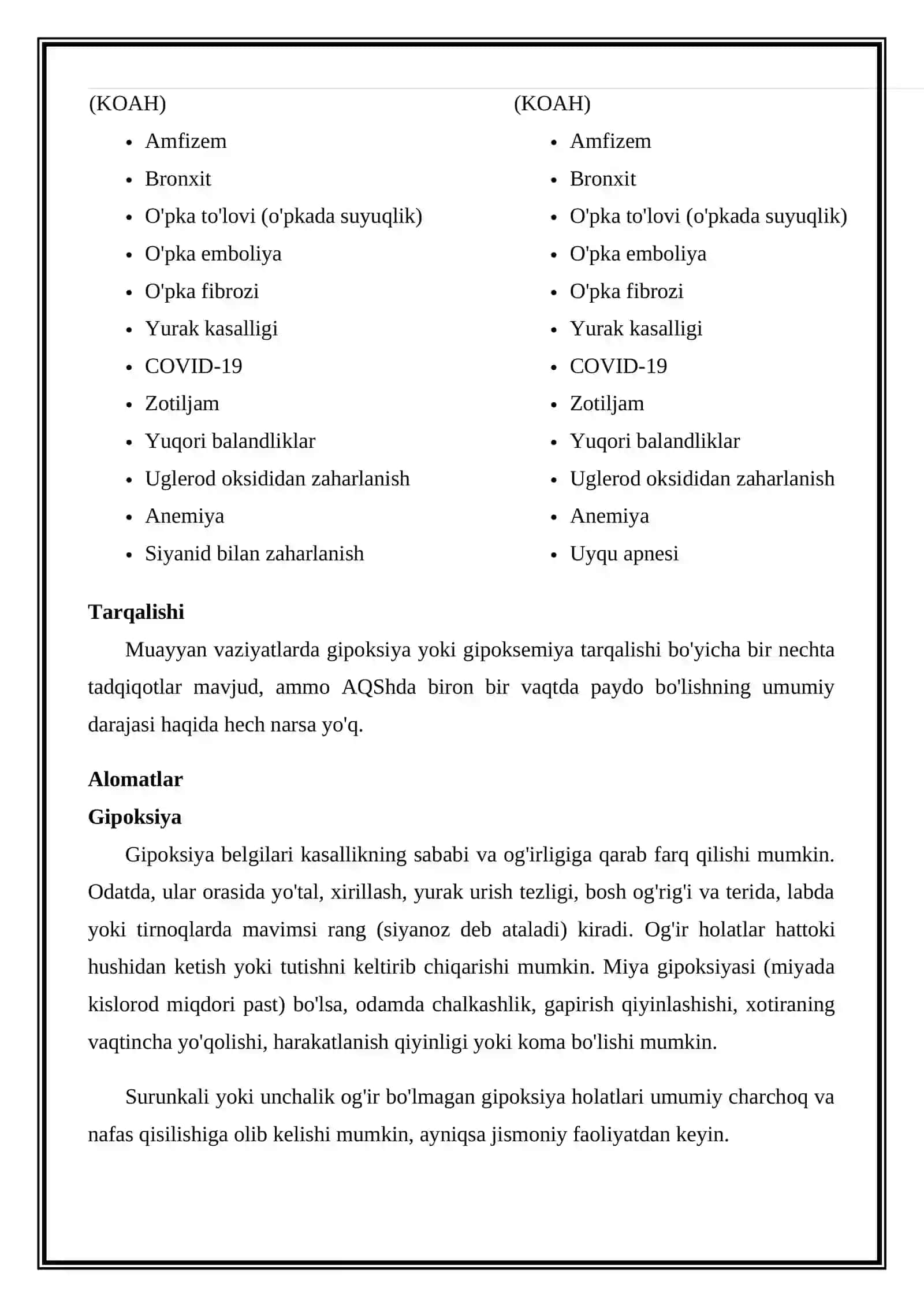 Gipoksiya sabablari, alomatlari, davolash usullari va boshqalarni solishtiring 4