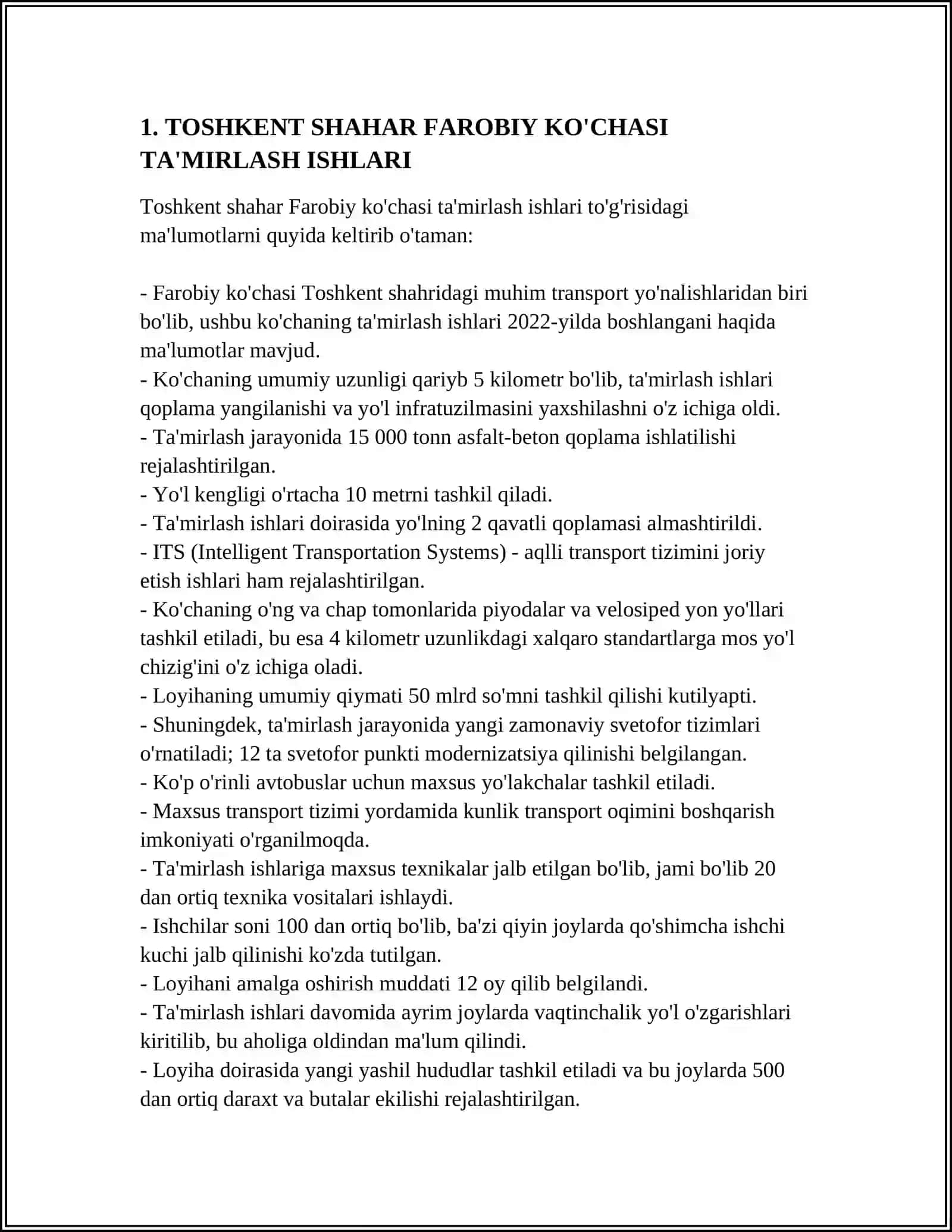 TOSHKENT SHAHAR FAROBIY KÒCHASI VA KICHIQ XALQA YÓLI CHORRAXASIDAGI XAVFSIZ VA SAMARALI HARAKATNI TASHKIL ETISH 4