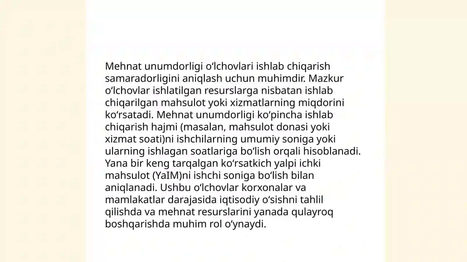 Korxonada mehnat unumdorligi va uni baholashni asosiy koʻrsatkichlari.Mehnat unumdorligini oshirish yoʻllari 4