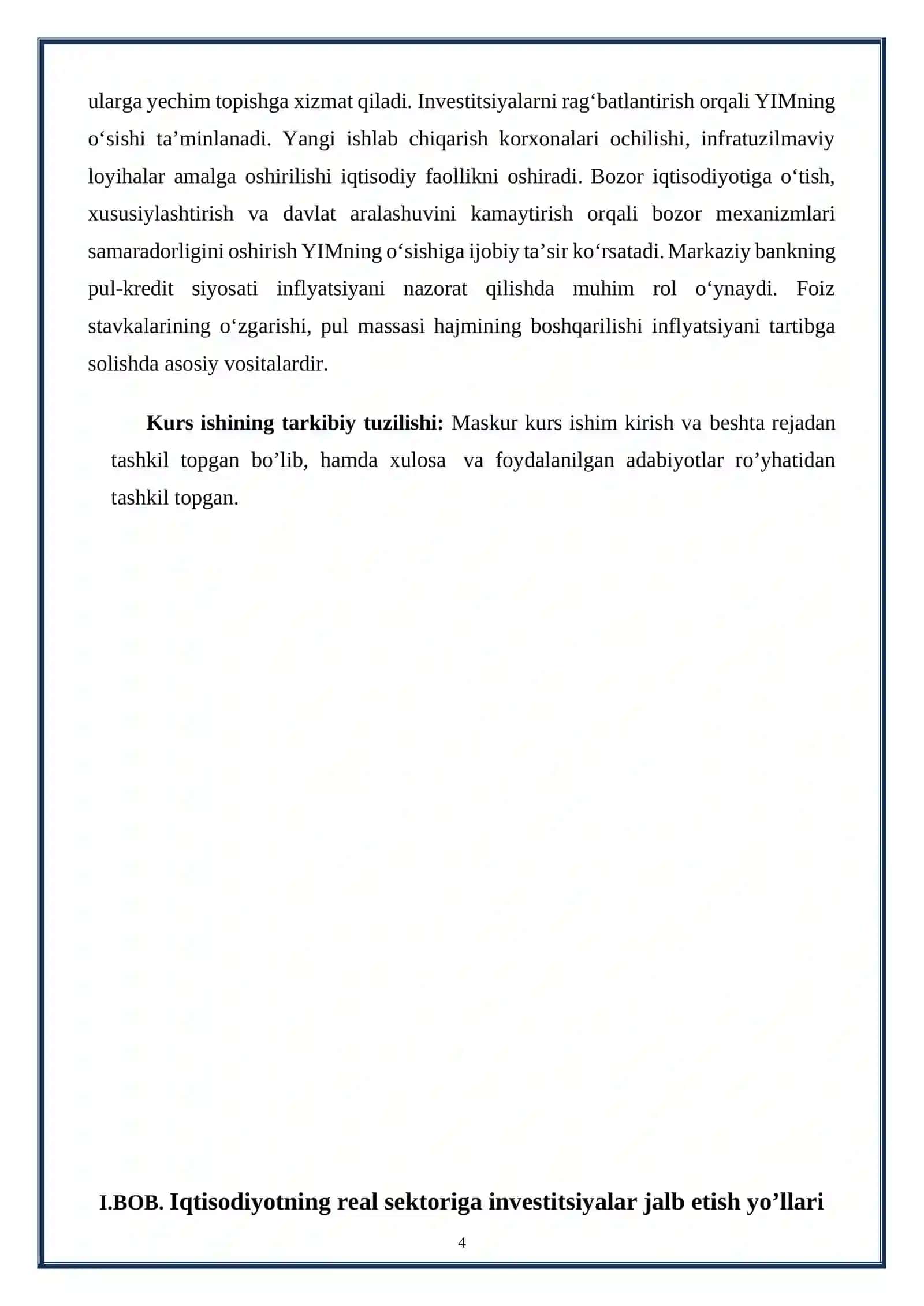 KURS ISHI: Iqtisodiyotning real sektoriga investitsiyalar jalb etish yo’llari 4