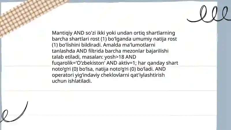 Ma’lumotlarni tanlash va ular ustida amallar. AND, OR, NOR mantiqiy standart so‘zlardan foydalanish Homidov Murodbek 4