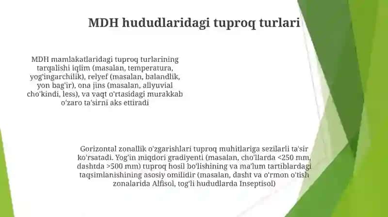 MDH mamlakatlarining gorizontal zonallikda tarqalagan tuproqlarining muhiti va òzgarish sabablari 4