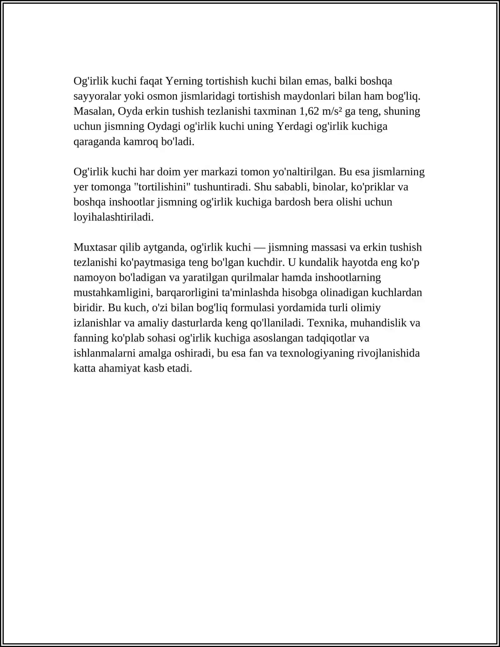 OG'IRLIK KUCHI VA OG'IRLIK. VAZNSIZLIK HOLATI 4