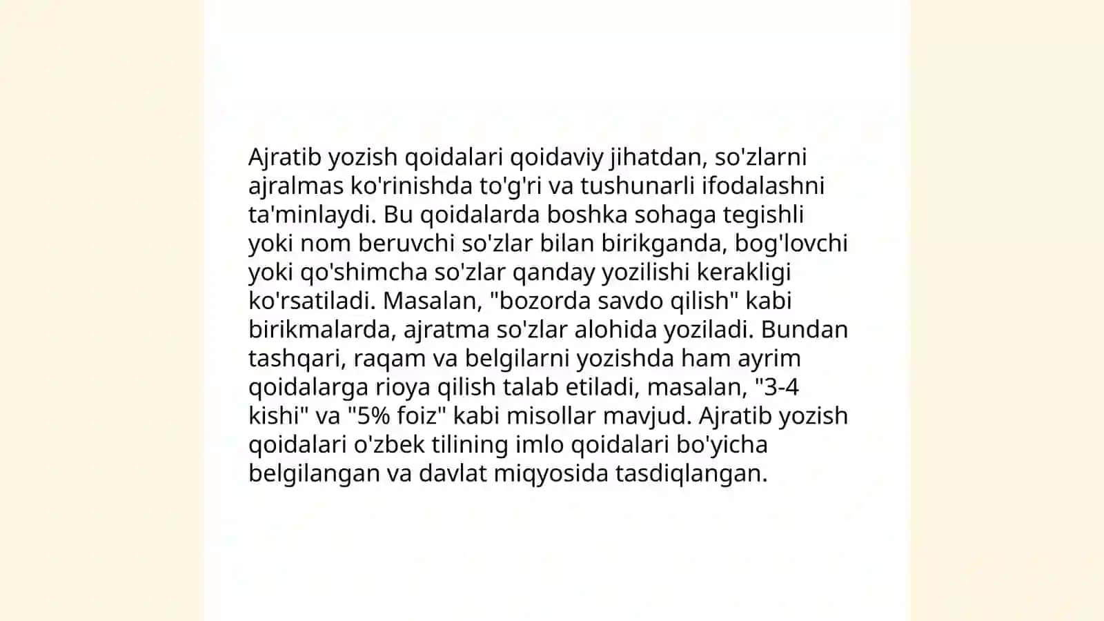 Qo'shib yozish,ajratib yozish va chiziqcha bilan yozish qoidalari 4