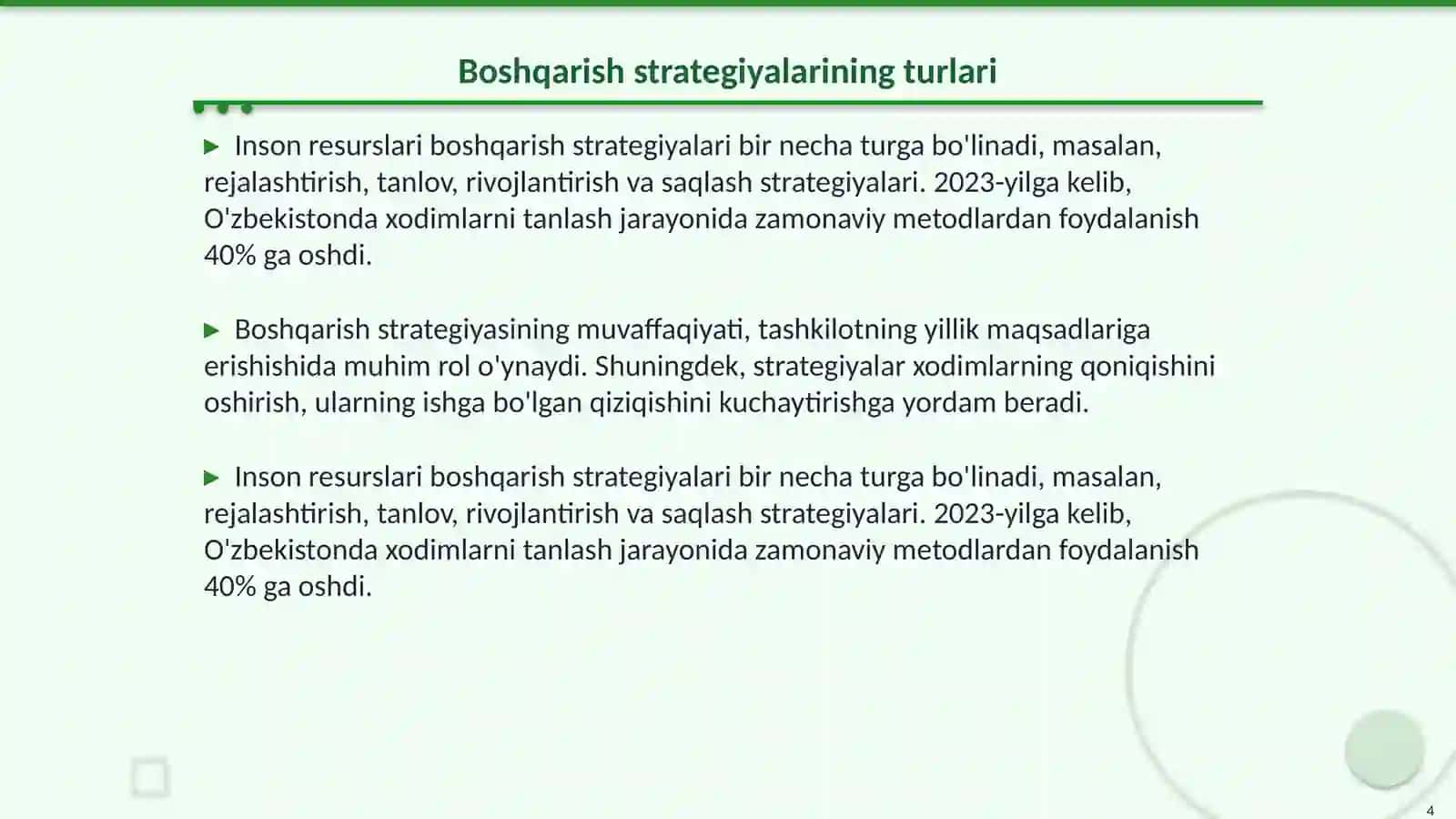 Zamonaviy sharoitlarda inson resurslarini boshqarishning tutgan oʻrni va strategiyasi 4