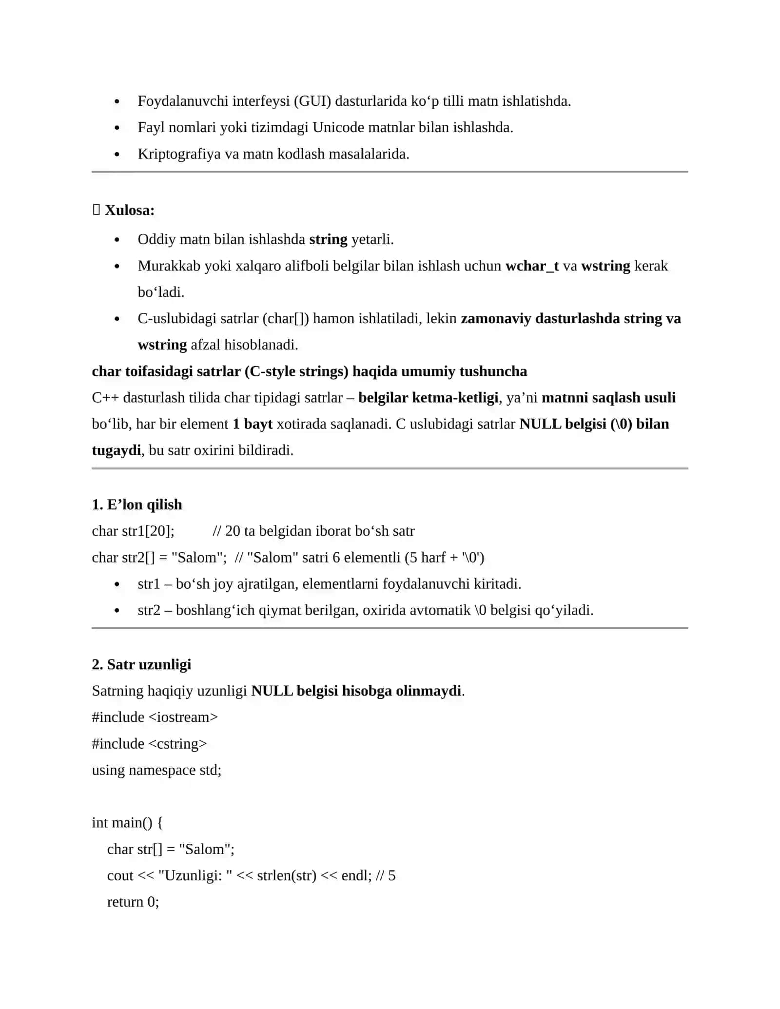 Satrlar va kengaytirilgan belgilar (Strings and Extended Characters) – C++ 4