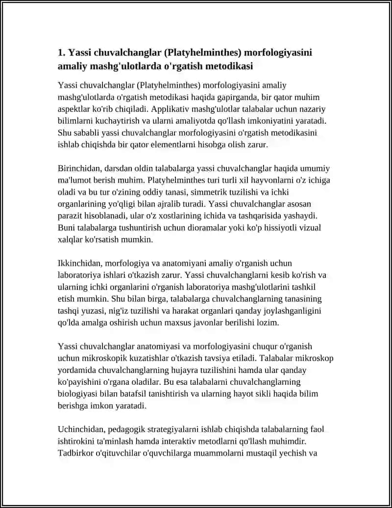 ZOOLOGIYA O*QITISI METODIKASI XUSUSIY MASALALARI, JUMLADAN ""YASSI, TO`GARAK, HALQALI CHUVALCHANGLAR TIPINI" O'RGANISH METODIKASI 4