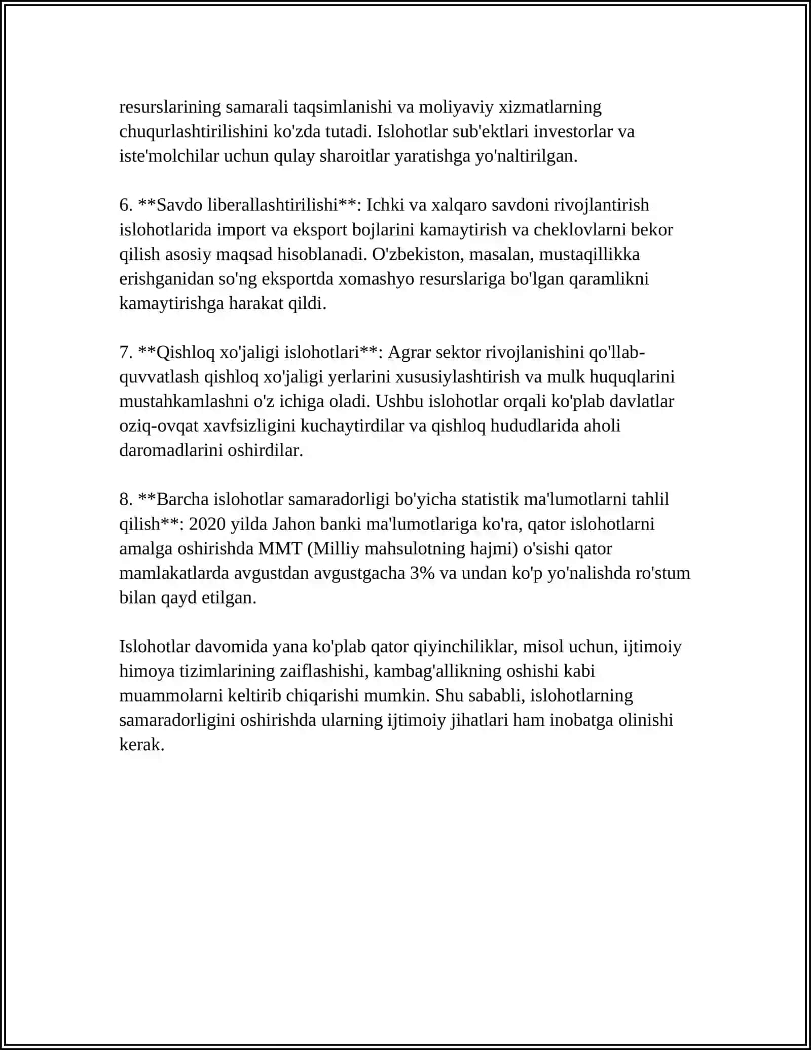 IQTISODIY ISLOHOTLAR, XUSUSIY MULKCHIKNING SHAKILLANISHI. O'ZBEKISTONDA BOZOR MUNOSABATLARINI RIVOJLANISHI 4