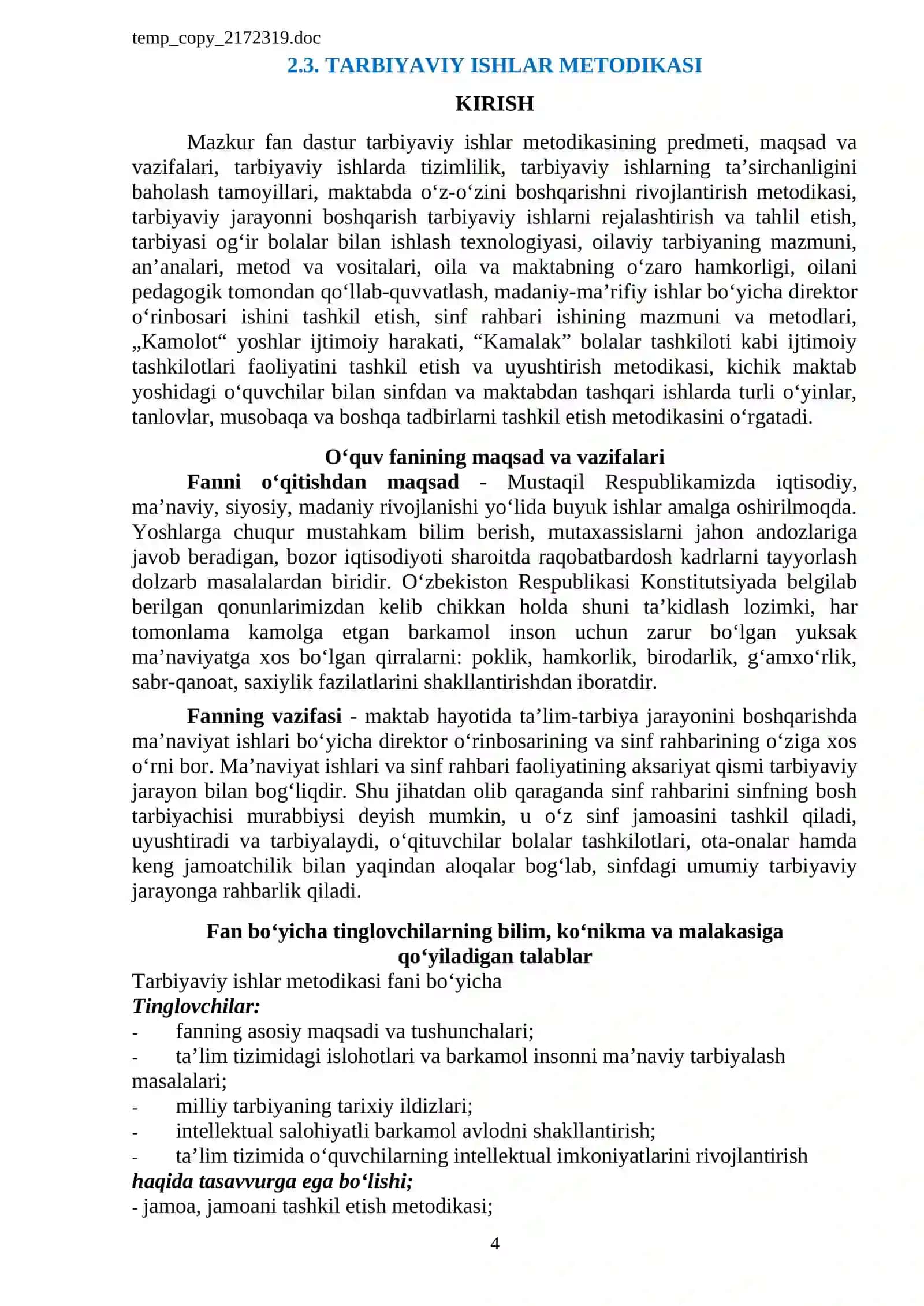 “TARBIYAVIY ISHLAR METODIKASI” FAN MODULIDAN O‘QUV – METODIK MAJMUA 4