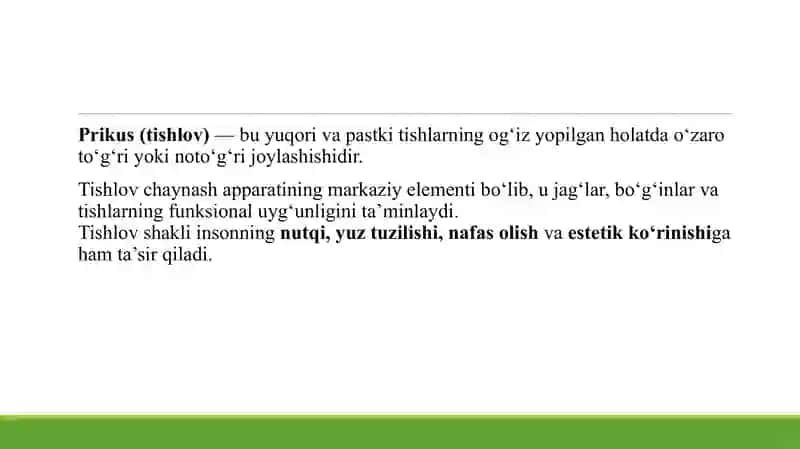 PRIKUS (TISHLOV). TISHLOV TURLARI. FIZIOLOGIK VA PATOLOGIK TISHLOV BELGILARI. TALABALARDAGI TISHLOV TURLARINI ANIQLASH. PASTKI JAG‘ HARAKATINI AMALGA OSHIRUVCHI APPARATLAR (OKKLYUDATOR, ARTIKULYATOR). UCH NUQTALI KONTAKT HAQIDA TUSHUNCHA. YUZ YOYI. 4
