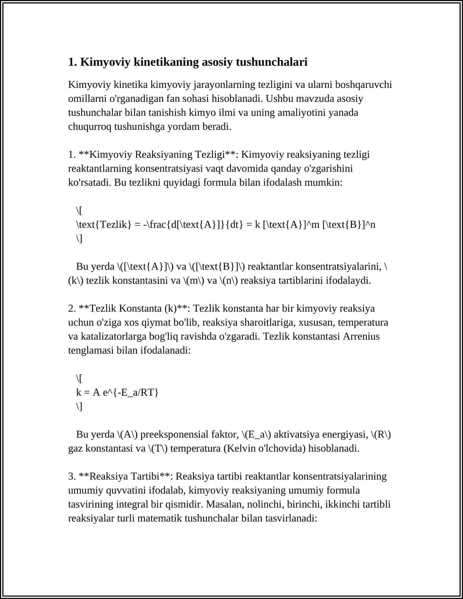 KIMYOVIY KINETIKA. KIMYOVIY REAKSIYA TEZLIGI, KIMYOVIY VA BIOKIMYOVIY JARAYONLAR TEZLIGI HAMDA MEXANIZMIGA TA’SIR ETUVCHI FAKTORLAR 4