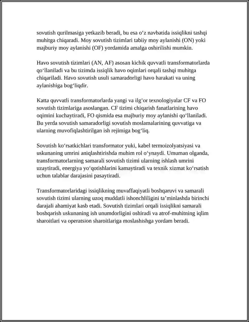 TRANSFORMATOMING ISSIQLIK REJIMINI SOVUTISH TIZIMIGA BOG'LIQLIGI MAVZUSIGA 15VAROQLI REFERAT 4