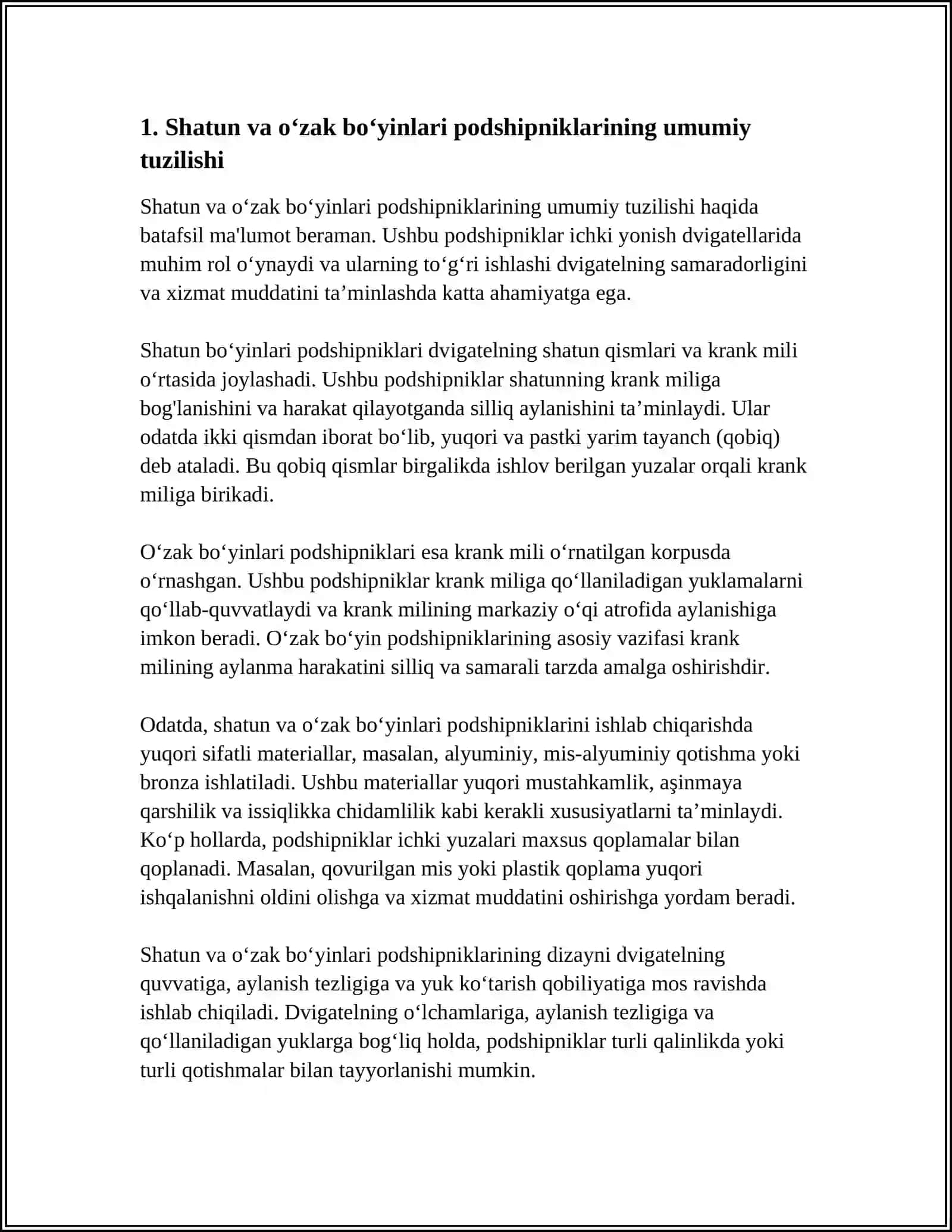 AVTOMOBILLAR DVIGATELLARI SHATUN VA OʻZAK BOʻYINLARI PODSHIPNIKLARI TUZILISHI TURLARI VA QOʻLLANILISHI 4