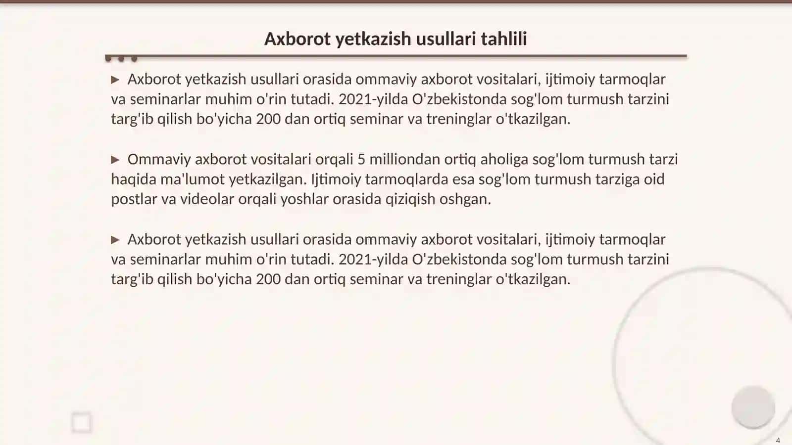 Soğlom turmush tarzini shakllantirish boʻyicha aholiga axborot yetkazish usullari olib borilgan ishlarni monitoring qilish va baholash 4