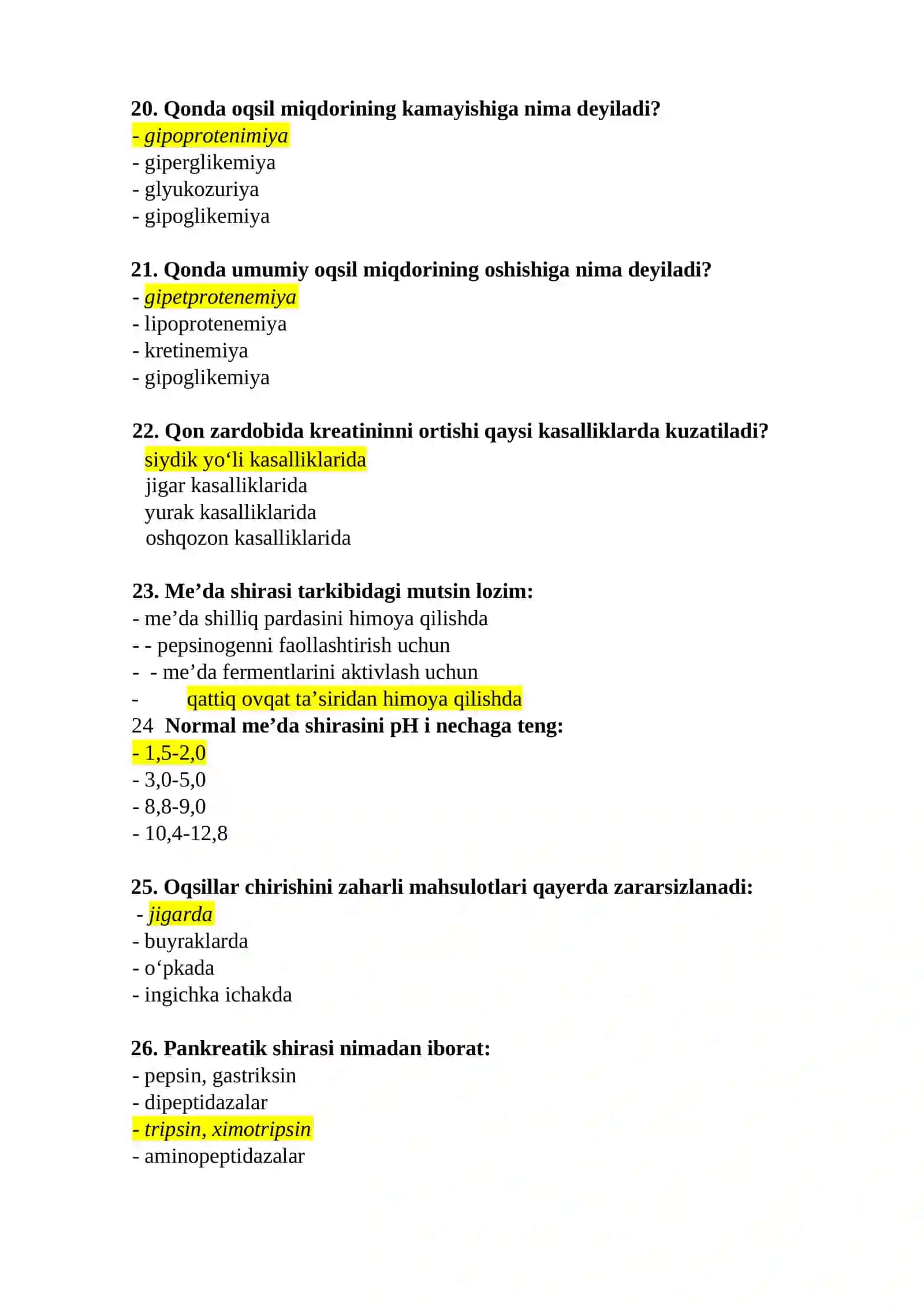 Laboratoriya tashxisi (Sanepidqo’m laboratoriyalaridan tashqari) mutaxassisligi bo'yicha shakllantirilgan test savollari ro'yxati 4