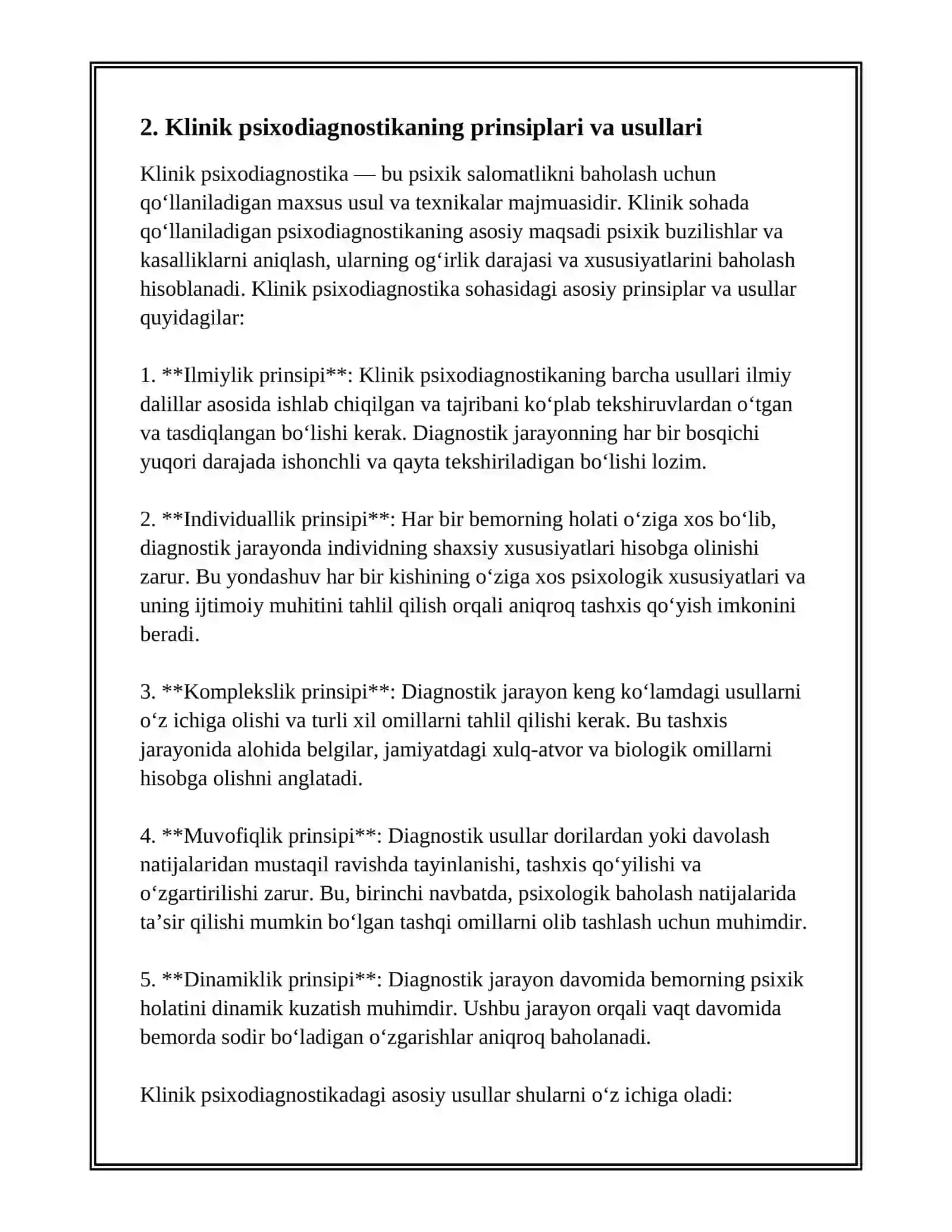 MAKTAB PSIXOLOGIK XIZMATIDA PSIXODIAGNOSTIKA. KLINIK PSIXODIAGNOSTIKA 4