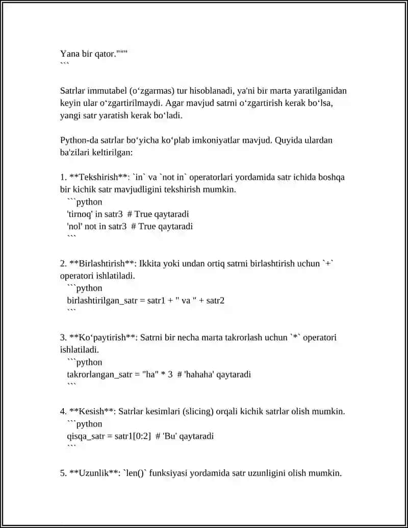 PYTHON TILIDA SATRLAR USTIDA ANIQLANGAN AMALLAR VA UMUMIY KORINISHI 4