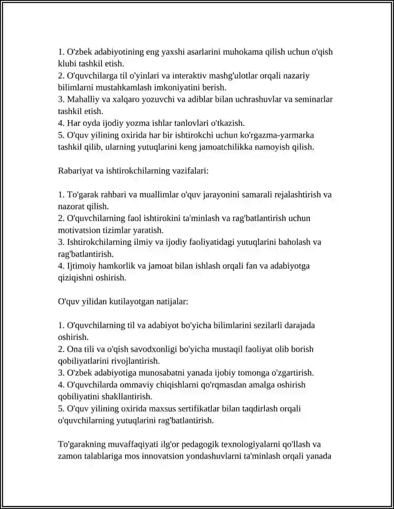 ONA TILI VA O'QISH SAVODXONLIGI FANI TO'GARAK REJASINI TUZISH 4