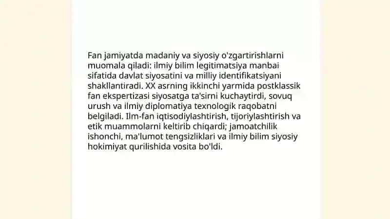 ZAMONAVIY DUNYODA FANNING O‘RNI VA ROLI. “KLASSIK ILM” TUSHUNCHASI VA UNING IDEALLARI: “POSTKLASSIK FAN” TUSHUNCHASI VA XX ASRNING IKKINCHI YARMIDA FANNING XUSUSIYATLARI. 4