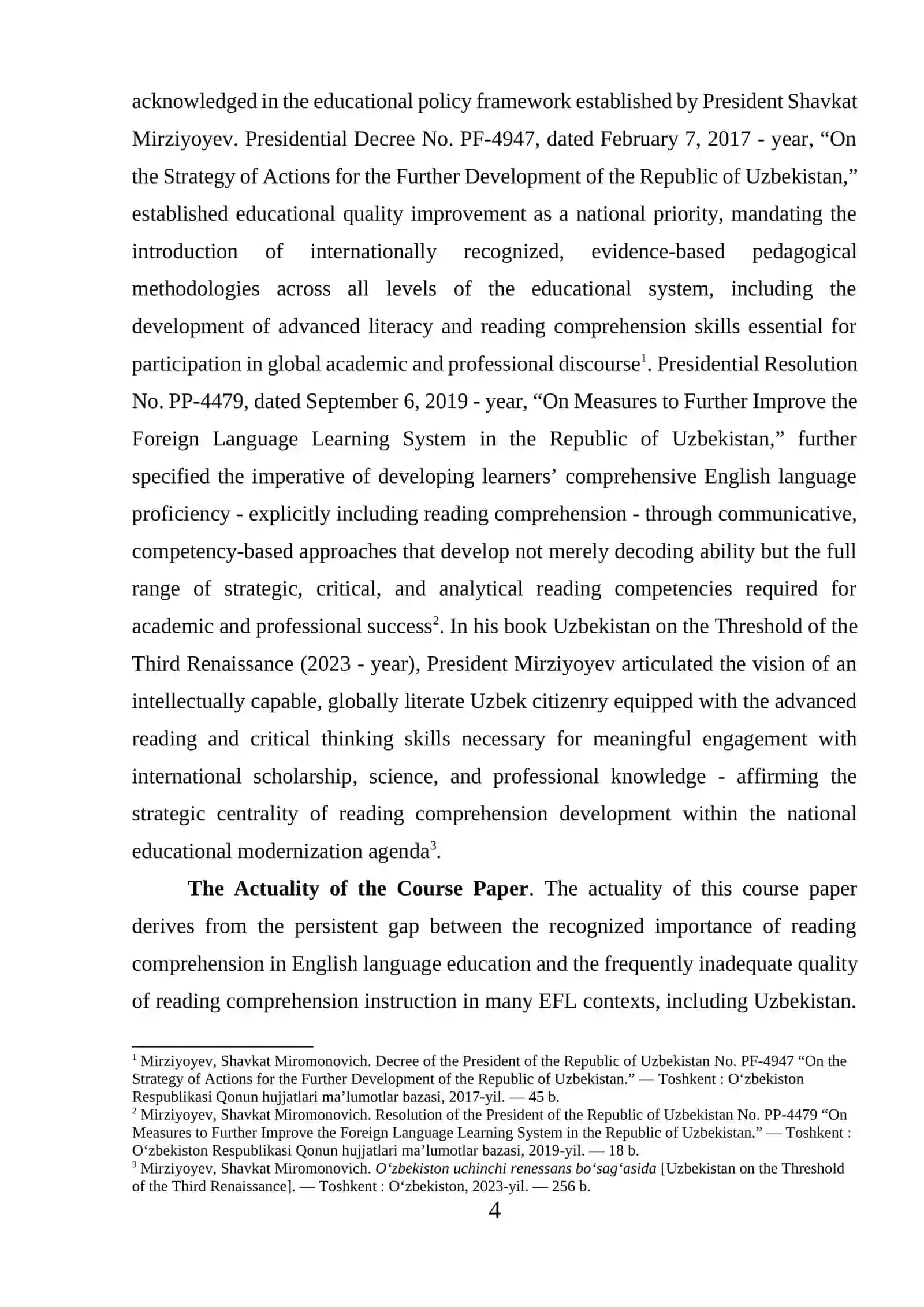 COURSE PAPER THEME: STRATEGIES FOR TEACHING READING COMPREHENSION 4