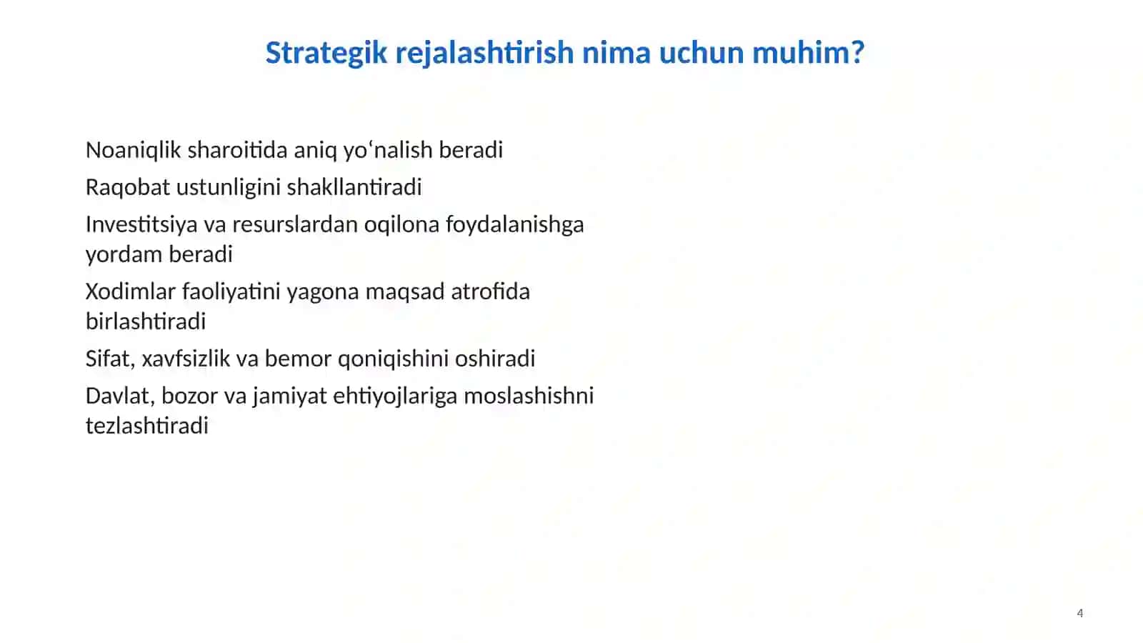 Strategik rejalashtirish, biznes reja va marketing menejmenti 4