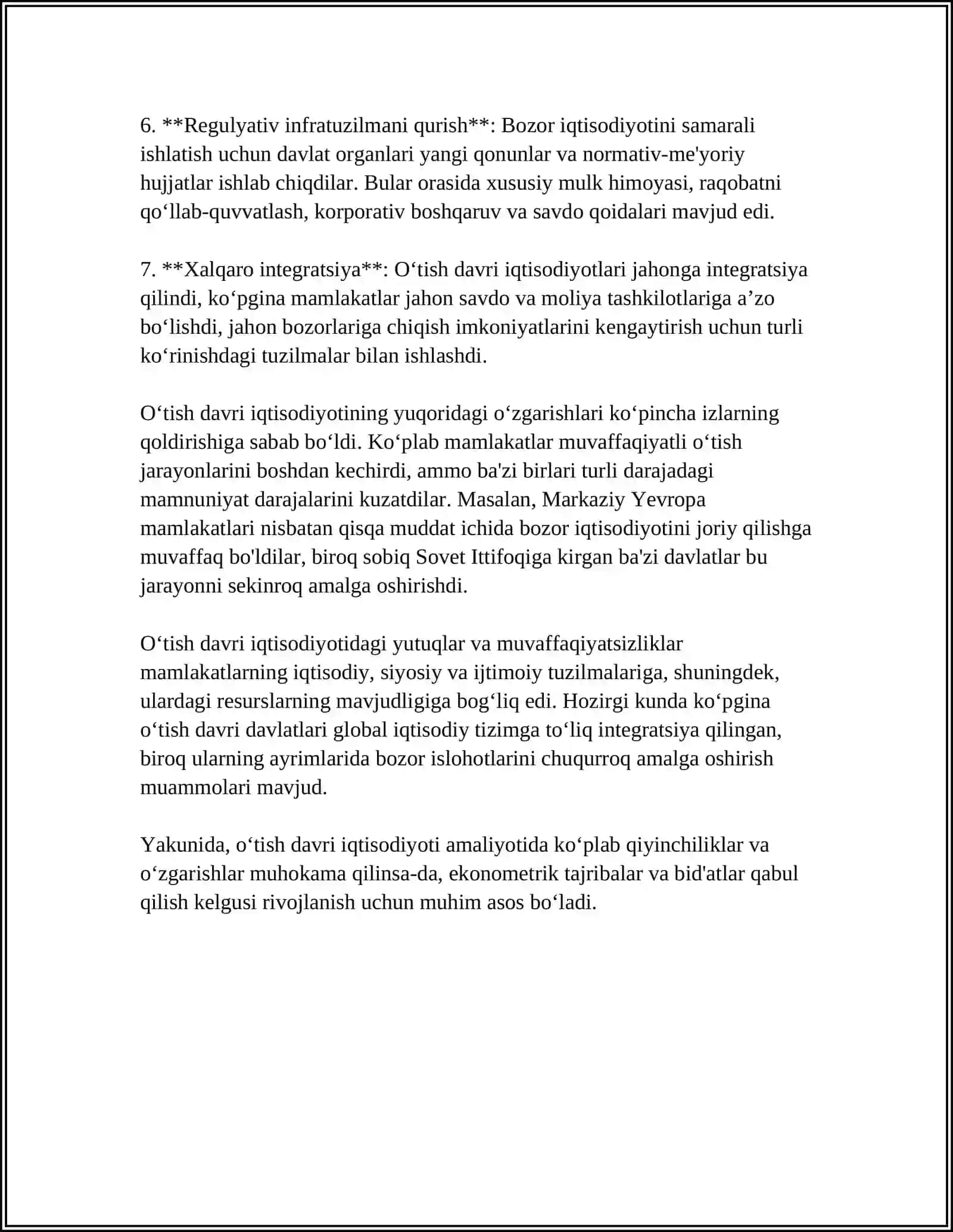O'TISH DAVRI IQTISODIYOTINING ASOSIY BELGILARI.BOZOR IQTISODIOTIGA O'TISHNING MILLIY MODELLARI 4
