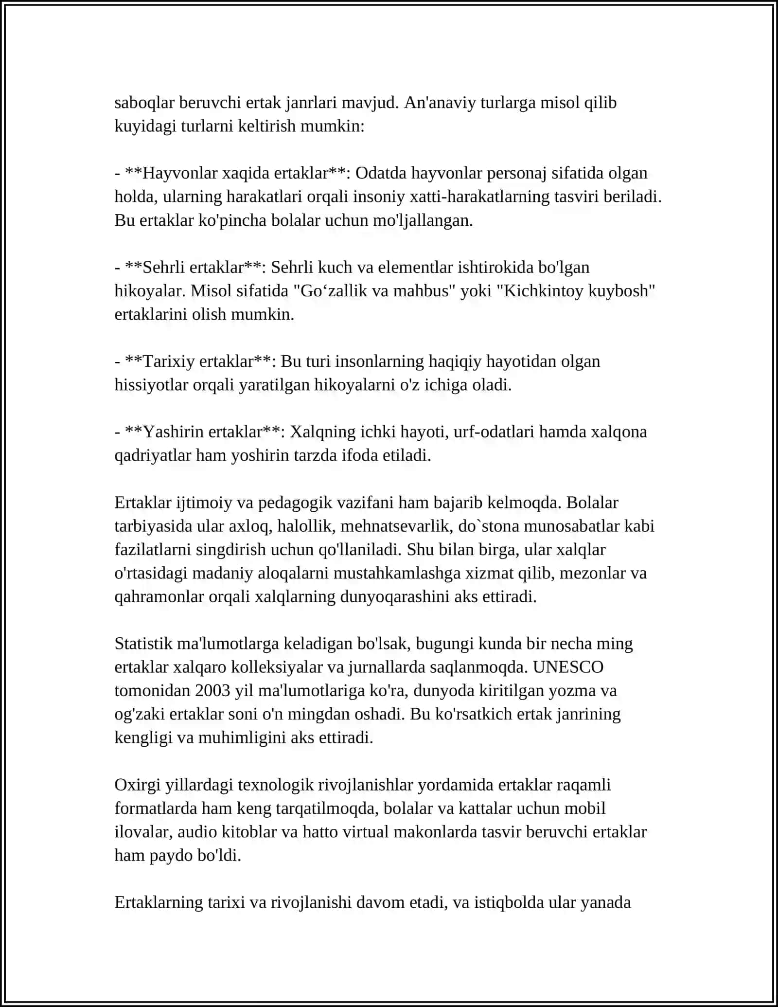 XALQ IJODIYOTI TURLARINING TAHLILI: ERTAKLAR, MAQOLLAR, TOPISHMOQLAR, DOSTONLAR 4