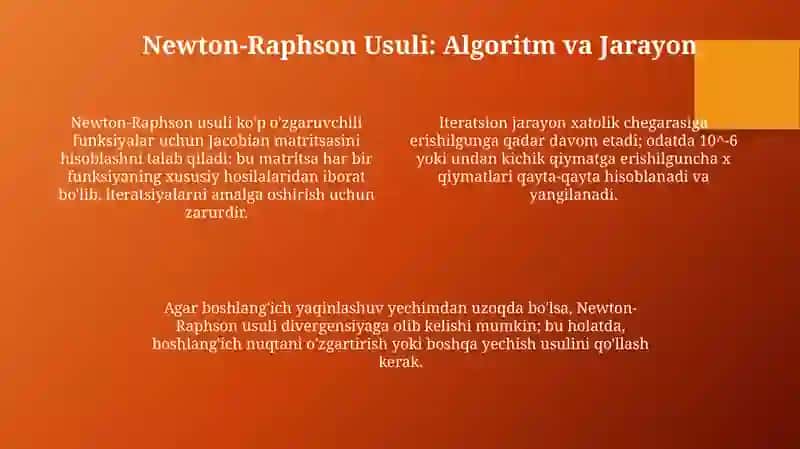 Nochiziqli tenglamalar sitemasini Nyuton-Rafson usulida hisoblash 4