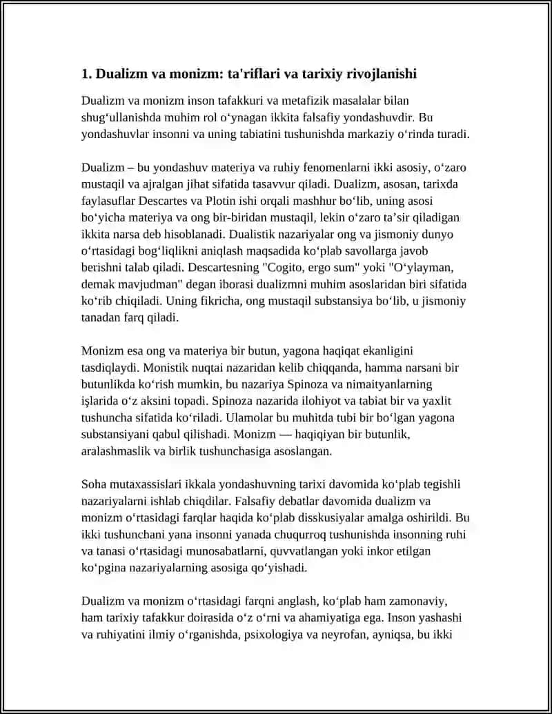INSONNI TUSHUNISHGA DUALIZM VA MONIZM NUQTAI NAZARIDAN YONDASHUV 4