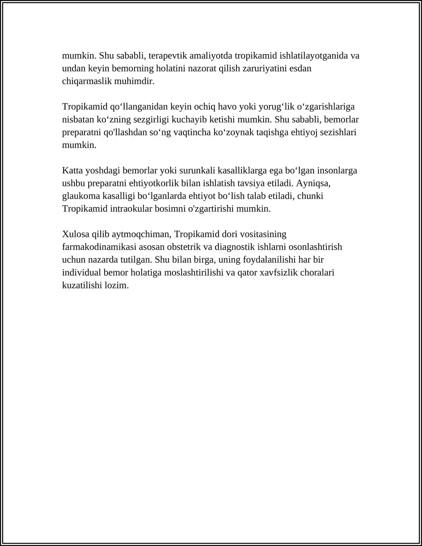 MUSTAQIL ISH Mavzu: TROPIKAMID DORI VOSITASINING FARMAKOLOGIYASI 4